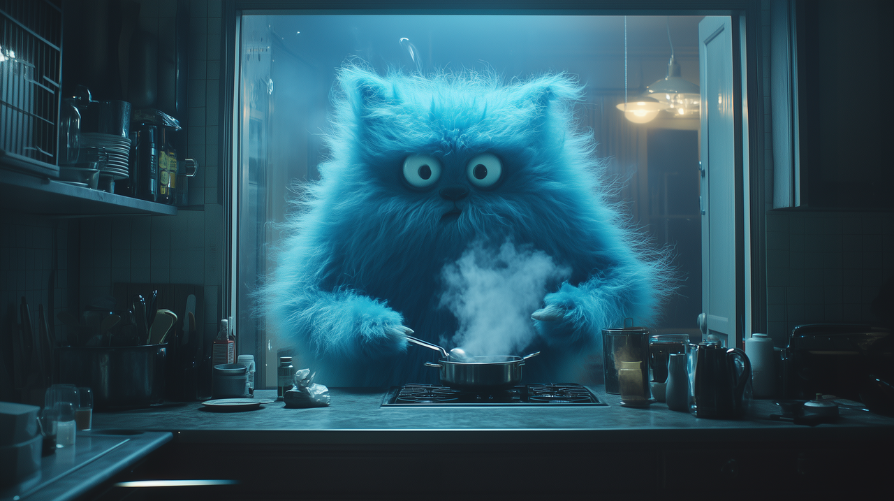 A blue furry creature in the scene is constantly stirring a steaming pot of soup. Then, the blue creature blows on the pot, causing the soup in the bowl in front of it to freeze into a block of ice.