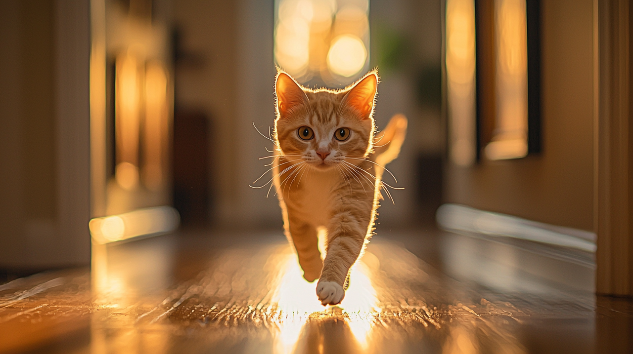 A cat in the scene runs quickly toward the camera, with white electric sparks emanating from its eyes. Its entire body becomes surrounded by electricity as it runs faster and faster. The scenery on both sides rushes backward rapidly, creating motion blur that transforms into a glowing white time tunnel.